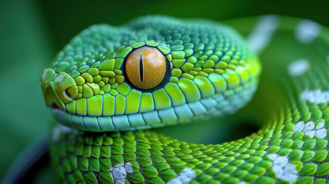 Vibrant green tree python resting on foliage in a tranquil rainforest setting during daylight