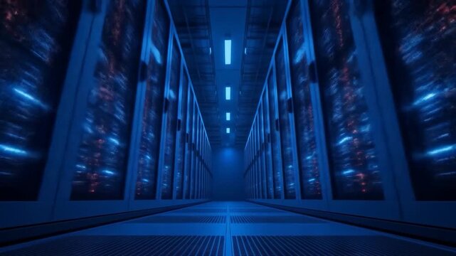 Server Room Walkthrough: Data Center with Blue Lighting and Rows of Rack Mounted Servers