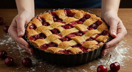 Hands holding a freshly baked cherry pie with a lattice crust