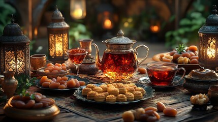 Family gathering card with traditional dates pastries and tea surrounded by cushions ornate carpets and lanterns symbolizing hospitality and togetherness