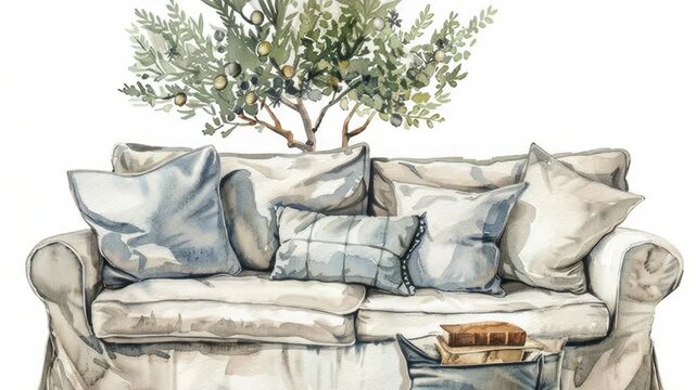 A cozy living room with a tree view outside, featuring a couch with pillows