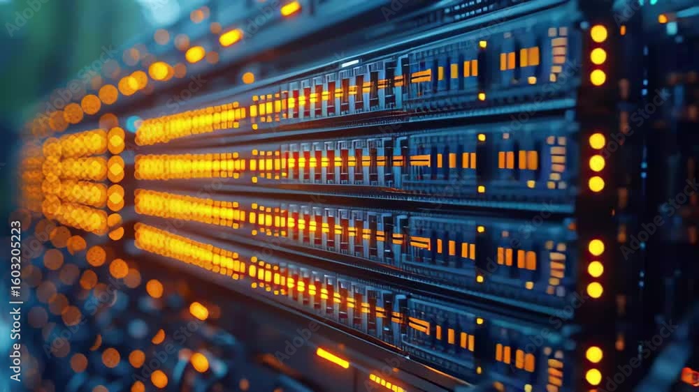 Poster high-tech data center with illuminated server racks and intricate wiring during early evening hours