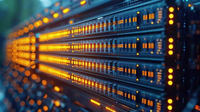 High-tech data center with illuminated server racks and intricate wiring during early evening hours