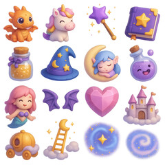 Fantasy 3d icons set. containing dragon, unicorn, wand, spellbook, potion, fairy, castle, mermaid, wings, heart.
