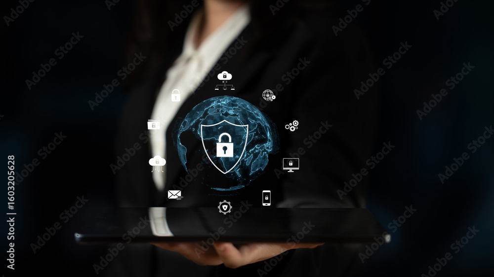 Poster cyber security protects against breaches, hacks, and network attacks using strong infrastructure and
