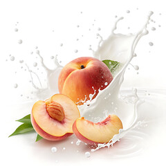 A juicy peach with milk splashing around it creates a refreshing and vibrant image, isolated on a white background