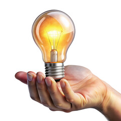 Hand holding a brightly glowing light bulb representing a new idea or innovation isolated on transparent background