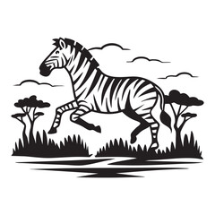 Monochrome zebra sprinting on a misty african savannah in high contrast