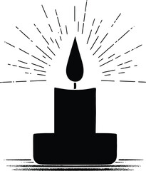 Black-and-White Vector Illustration of Lit Candle with Radiant Glow – 1-Item Light & Symbol Silhouette