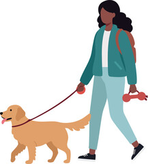 Woman walking golden retriever dog with leash and bone toy vector illustration