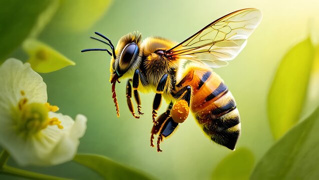 Close up of a bee hovering near a white flower in soft sunlight