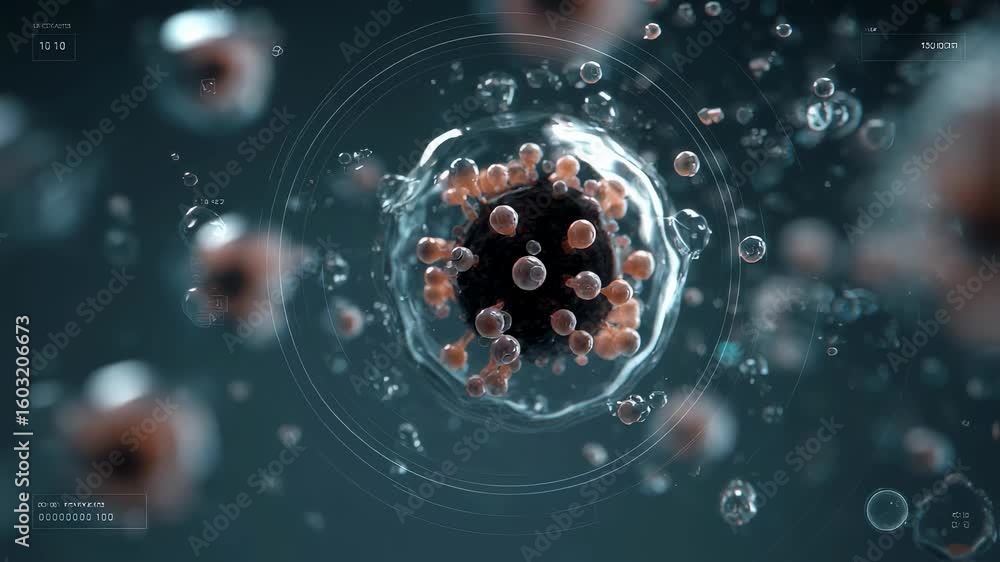 Poster microscopic view of virus surrounded by bubbles and digital interface displaying data, suggesting in