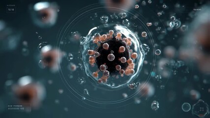 Microscopic view of virus surrounded by bubbles and digital interface displaying data, suggesting innovative medical research and analysis in laboratory setting - Powered by Adobe