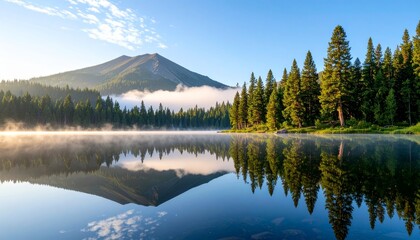 Calm lake reflecting surrounding pine trees and hills, fog hovering above the water, early morning tranquility