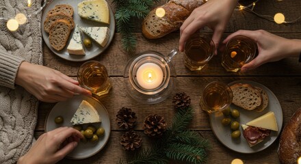 Friends enjoying a festive cheese board with drinks and holiday decorations