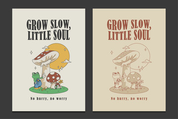 retro poster with a cute frog cartoon character and positive quotes, vector illustration