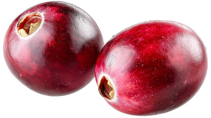 Two whole ripe red cranberries isolated on white background