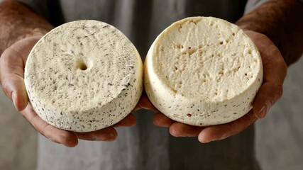 Master cheese maker presents two distinct varieties of hand-crafted cheese, highlighting the unique textures and flavors of each type