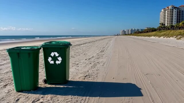 Empty beach with recycling bins placed in the sand, emphasizing eco-friendliness and cleanliness while enjoying the ocean view