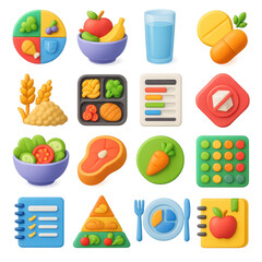 Food and nutrition 3d icon set. featuring salad, fruits, vegetables, meal, glass, grains, chart, plate, carrot, apple