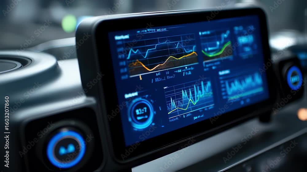 Poster futuristic dashboard displaying various colorful graphs and statistics, representing innovative appr
