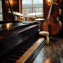 In a cozy jazz venue, a grand piano gleams under warm lighting. The backdrop features a drum set and a standing bass, creating an inviting atmosphere for music lovers to enjoy live performances