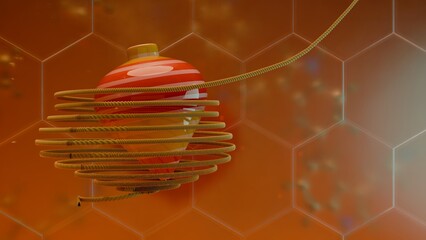 Spinning top wrapped with rope on hexagon background