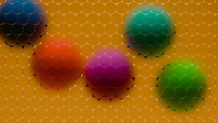 Circle grid overlay on sphere clusters arranged across a tiled background pattern