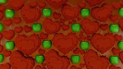 Voxel hearts and green apples arranged on seamless hexagon pattern orange background