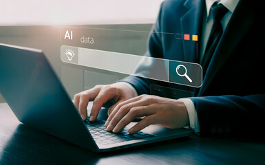 Professional using laptop for AI data search, exploring future tech with elegant interface, innovation