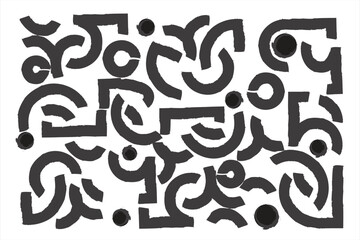 An abstract background featuring a dynamic, chaotic arrangement of distressed black geometric shapes and curves on a white backdrop.