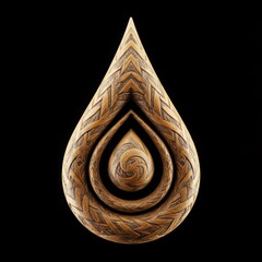 Intricate golden teardrop shape with concentric rings and textured surface against a dark background