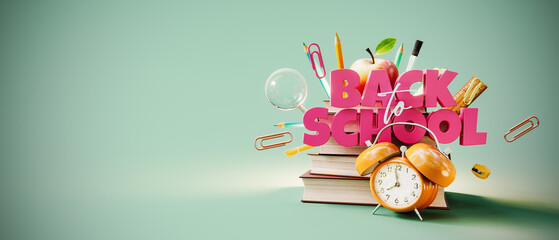 Back To School text and school accessories on turquoise blue background with copy space. Ready for school concept design. 3D Rendering, 3D Illustration