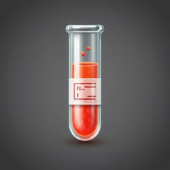 Close up of a laboratory test tube filled with red liquid and a label against a dark background