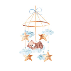 Obraz premium Watercolor baby cradle Mobile with cute teddy bear sleeping on a cloud and stars. Hand drawn illustration in pastel colors of kids hanging toy. For greeting cards, gender reveal, its a boy party or