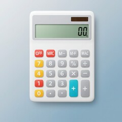 A white modern calculator with a green digital display showing zero and colorful buttons on a blue background