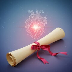 Graduation diploma scroll tied with a red ribbon illuminated by a bright light and abstract digital network