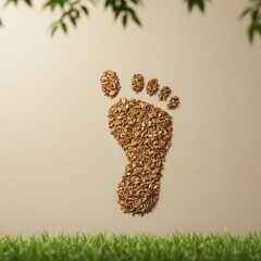 Natural footprint made from organic seeds and grains on a light background with green grass and leaves