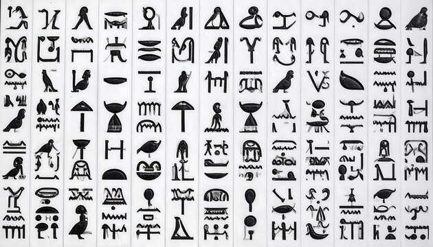 Ancient hieroglyphic symbols arranged in rows