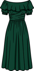 Dark green vintage style dress with ruffle neckline vector illustration