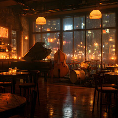 A cozy jazz bar full of warm candlelight sits in the foreground, while rain cascades down large windows, creating a serene atmosphere