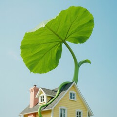 A small yellow house with a large green leaf growing out of its roof symbolizing growth and eco friendly living