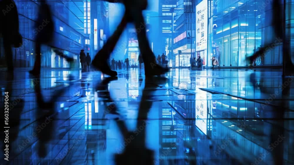 Poster group of people walking through a modern building lobby with minimalist architecture