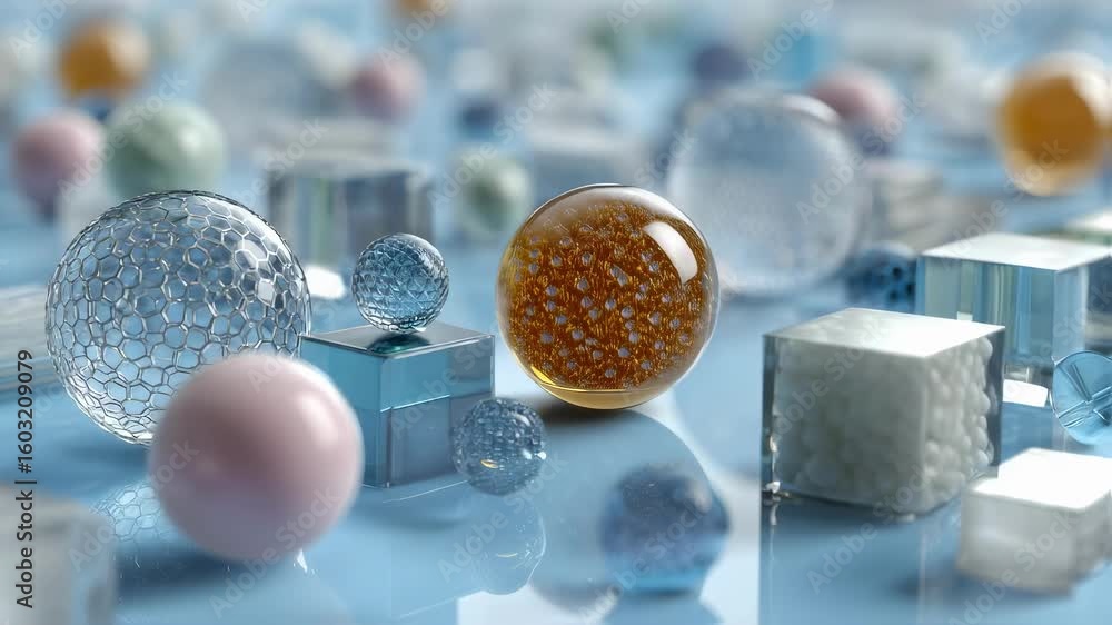 Poster glass and plastic spheres and cubes of different sizes and textures are creating an abstract composi