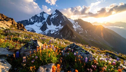 Fototapeta premium Mountain landscape with alpine flowers and rocky cliffs, snow patches on peaks, dramatic wide-angle composition