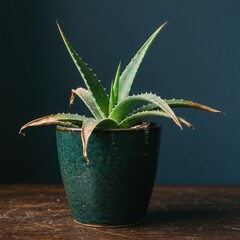 A healthy green aloe vera plant in a textured dark green ceramic pot on a wooden surface