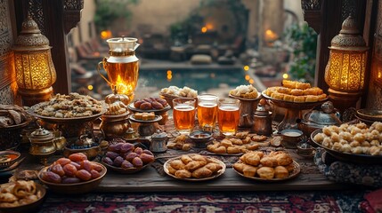 Family gathering card with traditional dates pastries and tea surrounded by cushions ornate carpets and lanterns symbolizing hospitality and togetherness