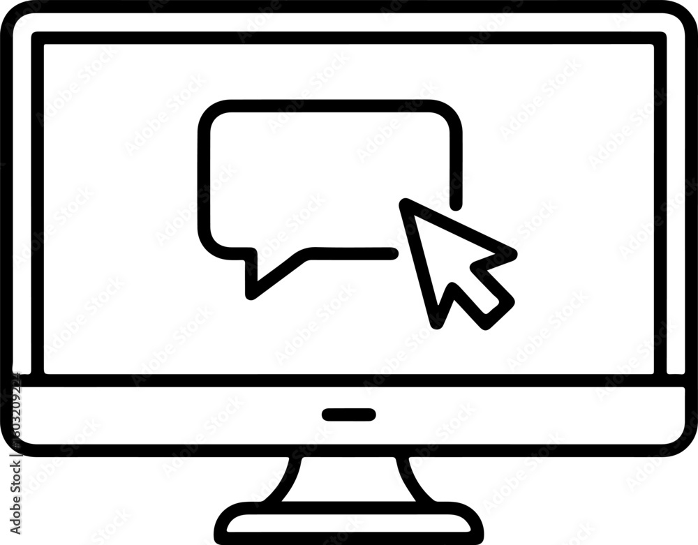 Poster computer screen with a chat bubble and cursor icon indicating online communication