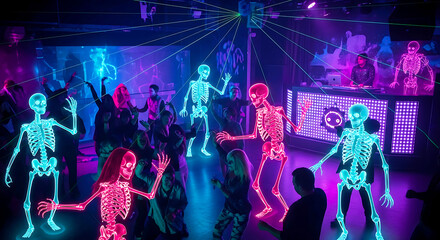 Neon skeletons dancing at a club with laser lights party