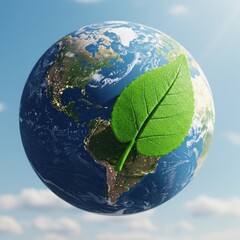 Vibrant green leaf symbolizing environmental protection and sustainability growing on planet earth